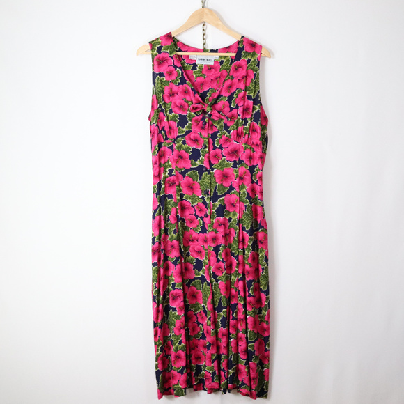 ❌SOLD❌vintage 90s hibiscus floral rayon dress 14 - Picture 6 of 8